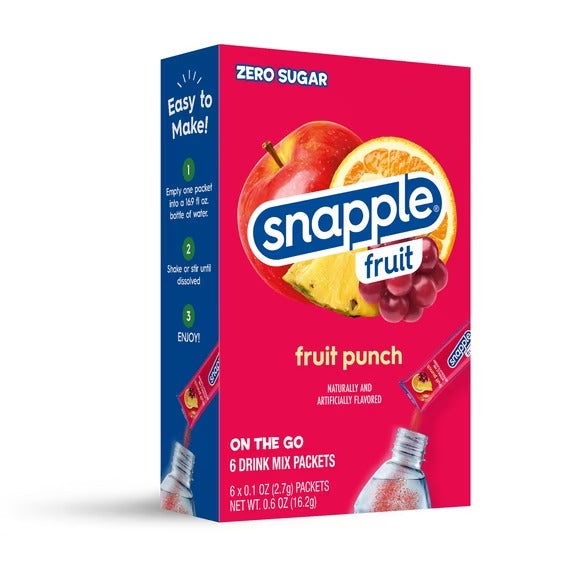 Snapple Mezcla de Bebida en Polvo Sabor Ponche de Frutas, 6 Unidades, Sobres para Llevar, Cero Azúcar