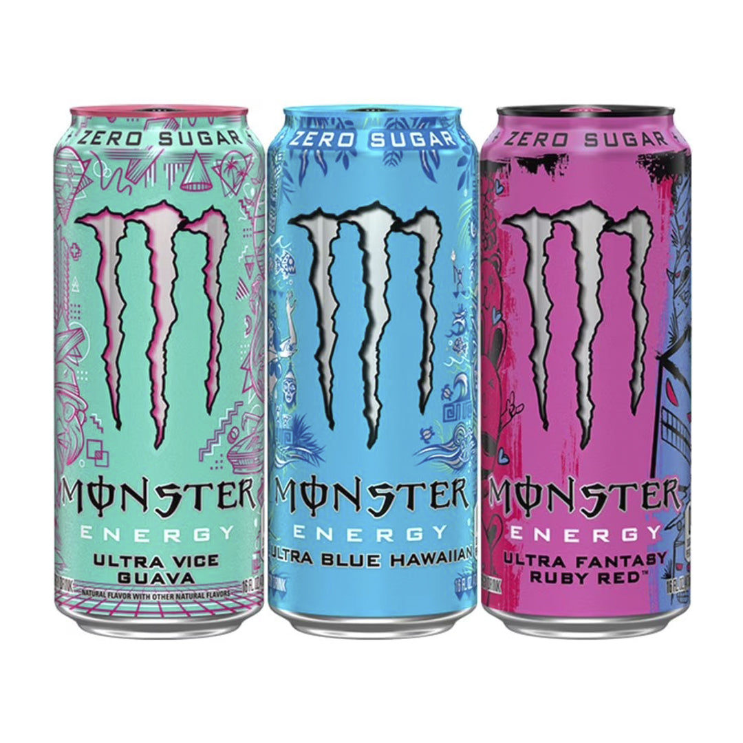 Monster Energy Ultra, latas de 16 Onzas, Fantasy Ruby Red, Blue Hawaiian, Vice Guava, unidad